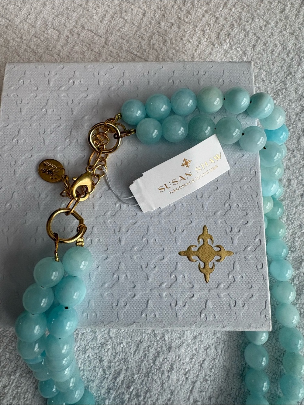 NWT Susan Shaw Aqua Blue Beaded double strand Necklace with Gold Accents
